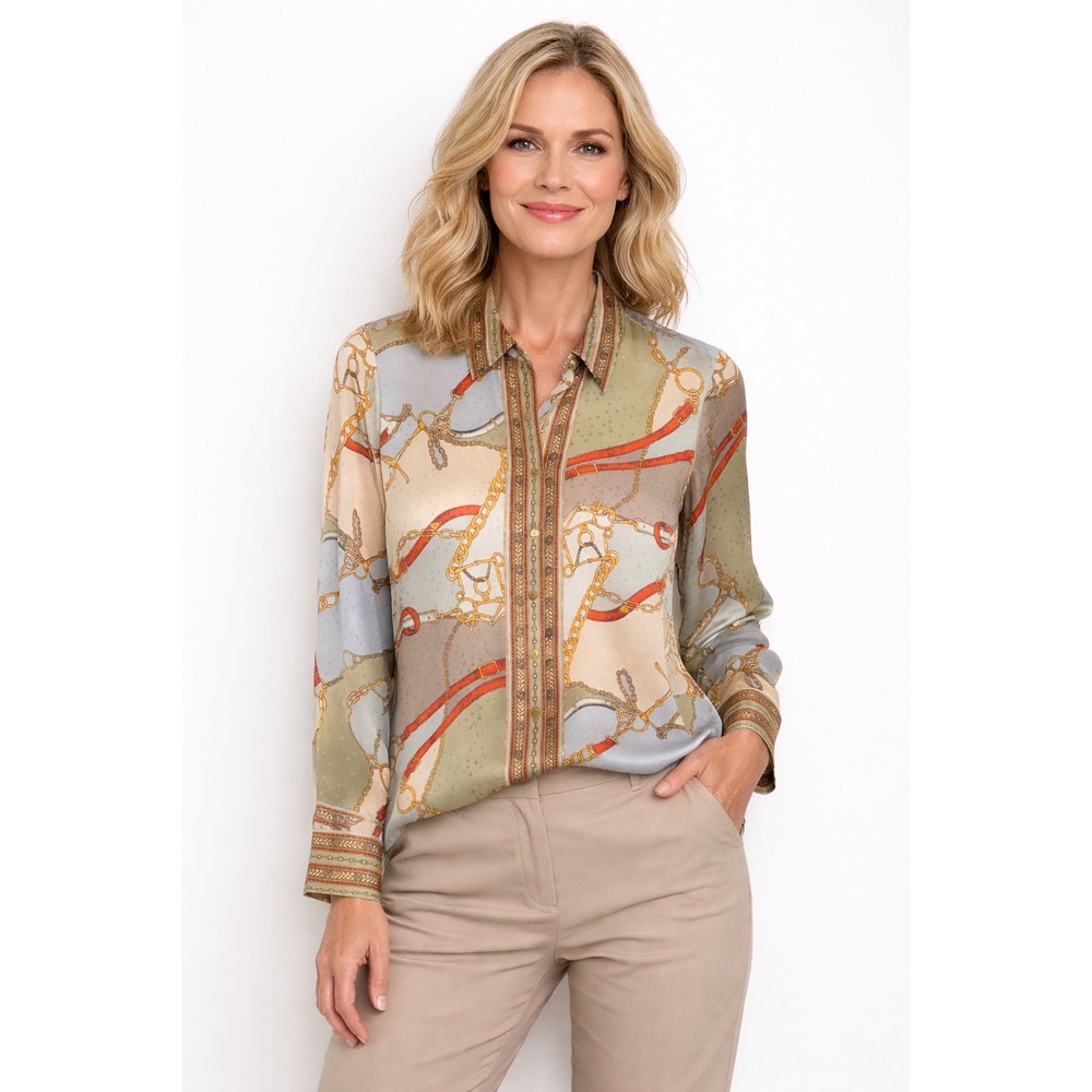 Talbots Multi-Print Silk-Like Button Front Blouse in Green, Blue & Tan